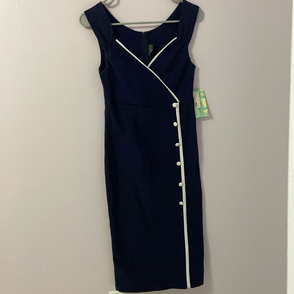 Navy Blue and White Rocksteady Rockabilly Pencil Dress with Buttons